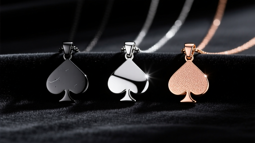 Flat lay of three ace of spades pendants in matte black titanium, polished sterling silver, and 14k rose gold on dark velvet.