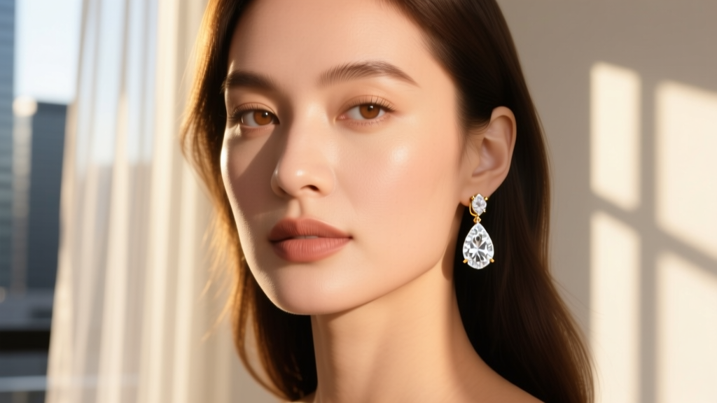 Woman wearing 14k white gold leverback drop earrings with pear-cut diamonds highlighting her jawline, shot in warm sunlight
