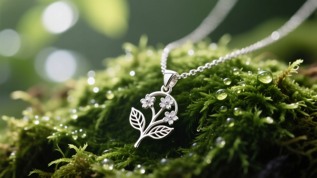 Macro shot of a garden state necklace with a fine silver botanical pendant resting on green moss under soft lighting.