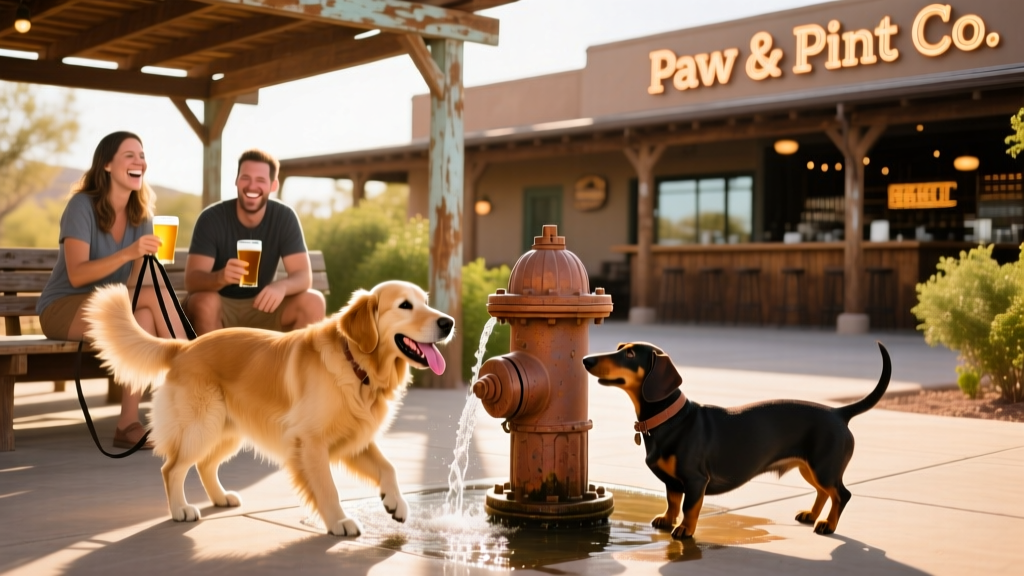 A relaxed outdoor patio with dogs playing near a fire hydrant-shaped water station and owners chatting on shaded benches