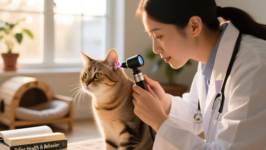 Veterinarian using an otoscope to examine a cat's ear canal