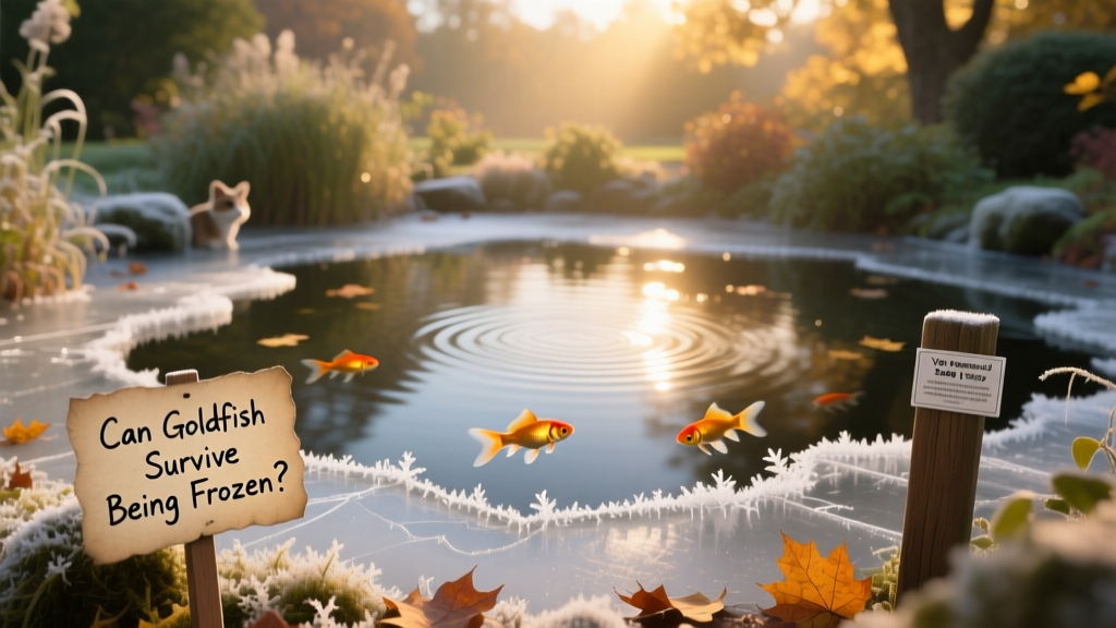 Partially frozen outdoor goldfish pond with visible ice edge and open water section