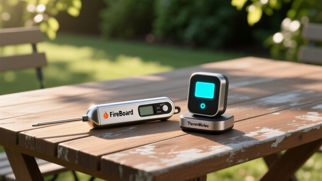 FireBoard Spark instant-read thermometer and ThermoWorks Signals base unit resting side-by-side on a wooden outdoor prep table
