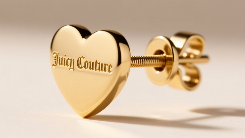 Macro shot of a gold-tone Juicy Couture heart earring post highlighting 20-gauge thickness and a standard butterfly friction back