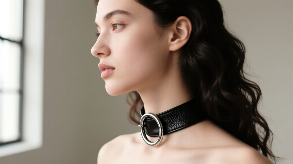 Side profile of a model wearing a 2mm full-grain black leather goth choker necklace with heavy stainless steel D-ring hardware