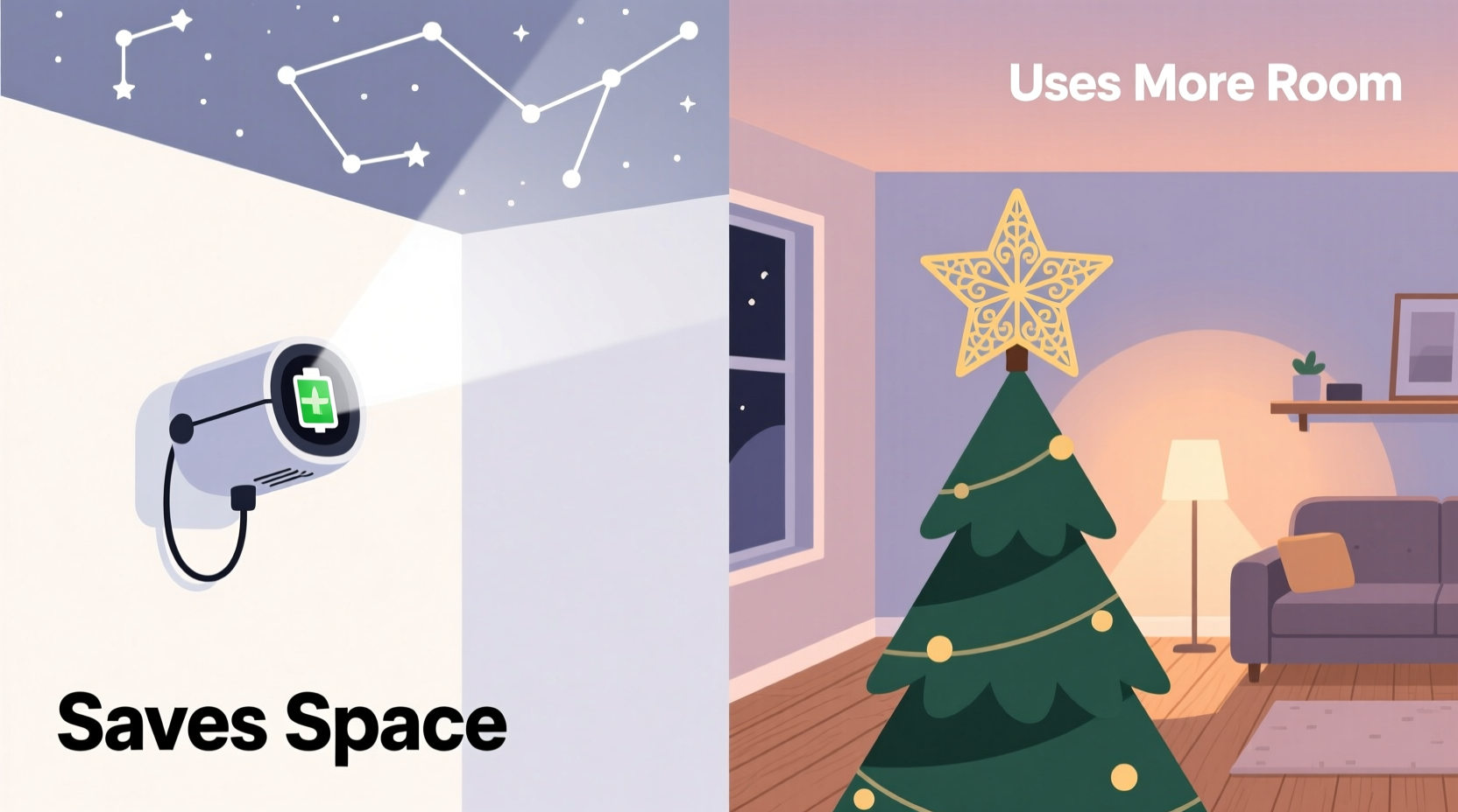 battery operated star projectors vs physical tree toppers which saves space