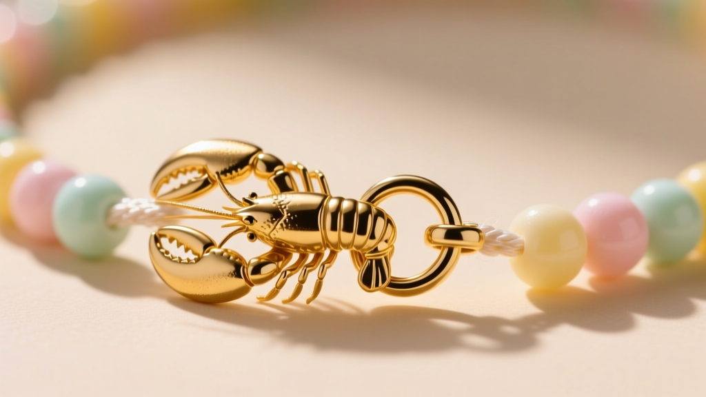 Macro shot of a gold lobster clasp on a nylon-strung candy bead necklace, showing the small metallic crimp bead and wire detail.