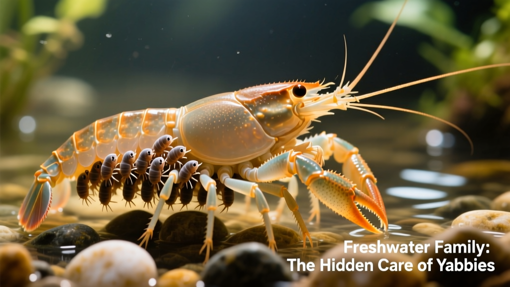 A female yabby carrying dozens of tiny hatchlings attached to her underside
