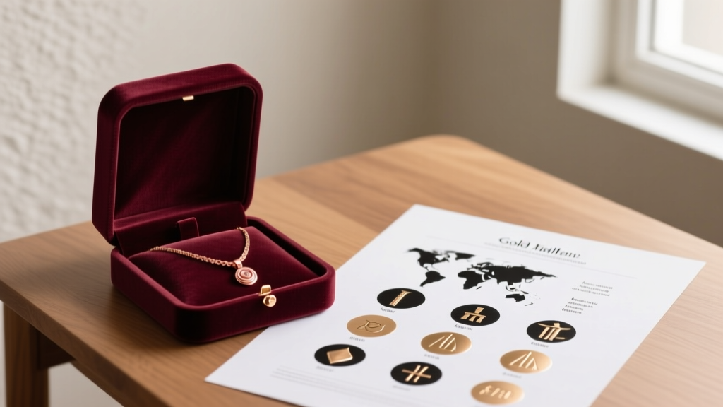 Rose gold necklace in a velvet box on a desk beside a printed chart showing international gold purity hallmarks and karat stamps