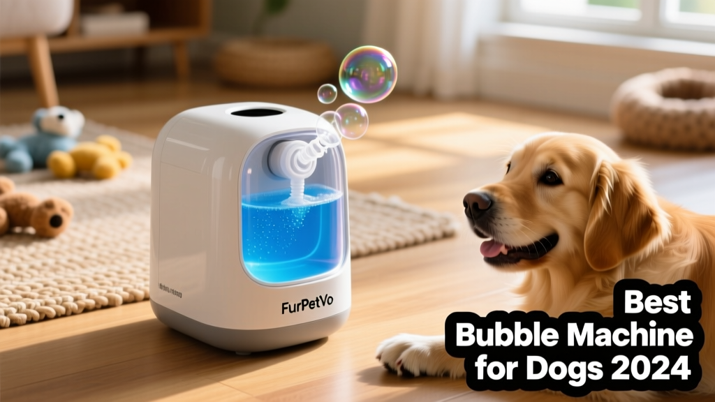 Close-up of a compact, battery-powered FurPetVo bubble machine with a clear reservoir filled with blue pet-safe bubble solution