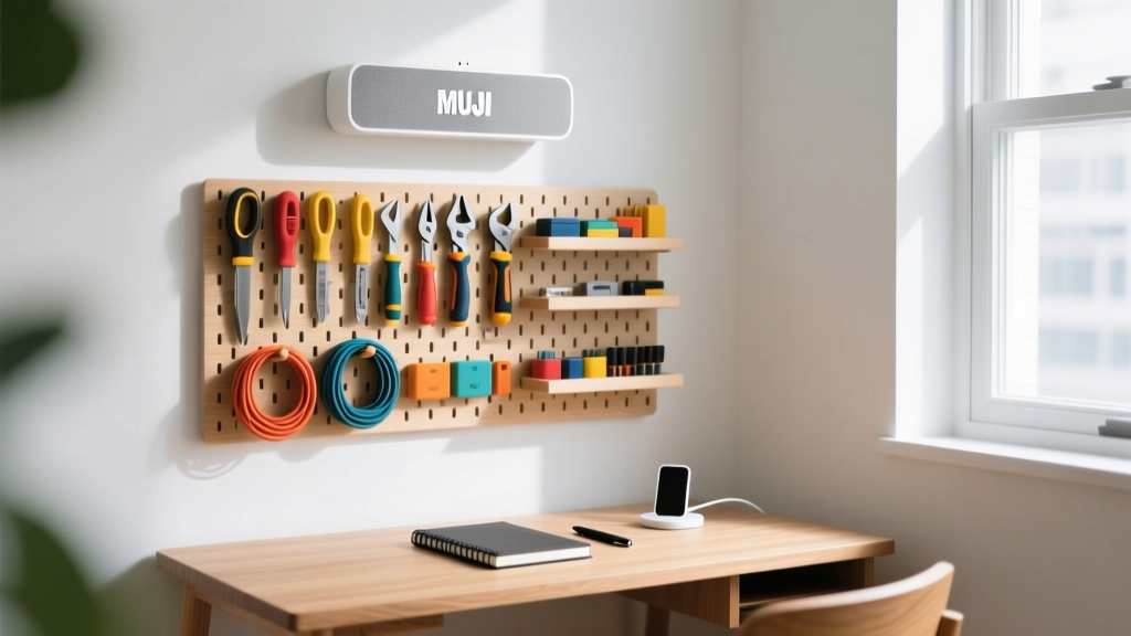 Organized pegboard and wall-mounted Muji Bluetooth speaker above a compact desk, highlighting vertical space utilization.