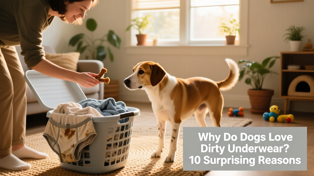 A person calmly guiding a dog away from a laundry basket while offering a treat and a chew toy