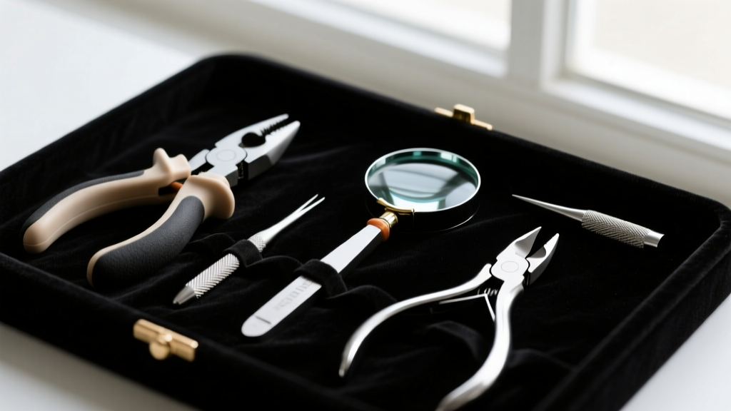 Close-up of a beginner jewelry repair toolkit on dark velvet, featuring nylon-jaw pliers, a 10x loupe, and flush cutters.