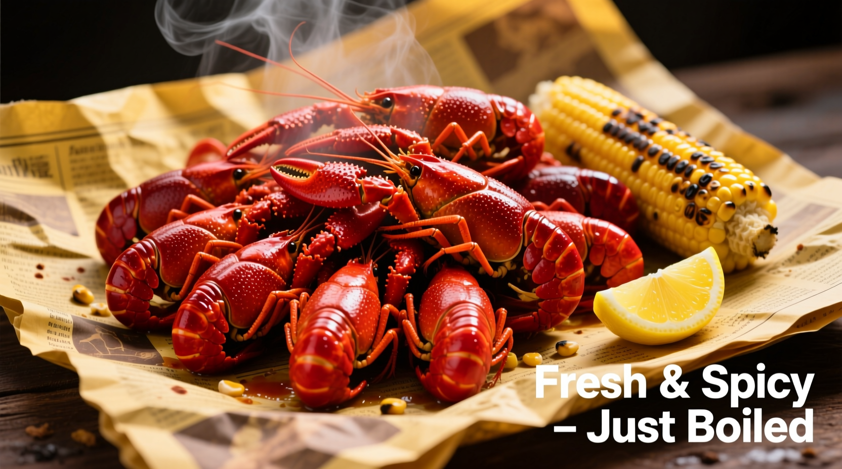 Fresh boiled crawfish with lemon and corn on newspaper