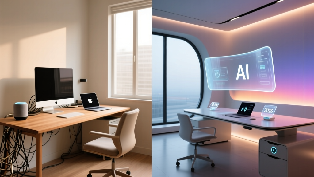 Split screen comparing a 2018 smart home office desk setup with a modern 2026 AI-integrated workspace featuring ambient lighting and smart displays
