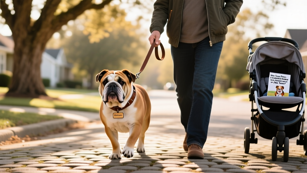 Owner gently guiding an English Bulldog on a short leash during a calm outdoor walk in a quiet neighborhood