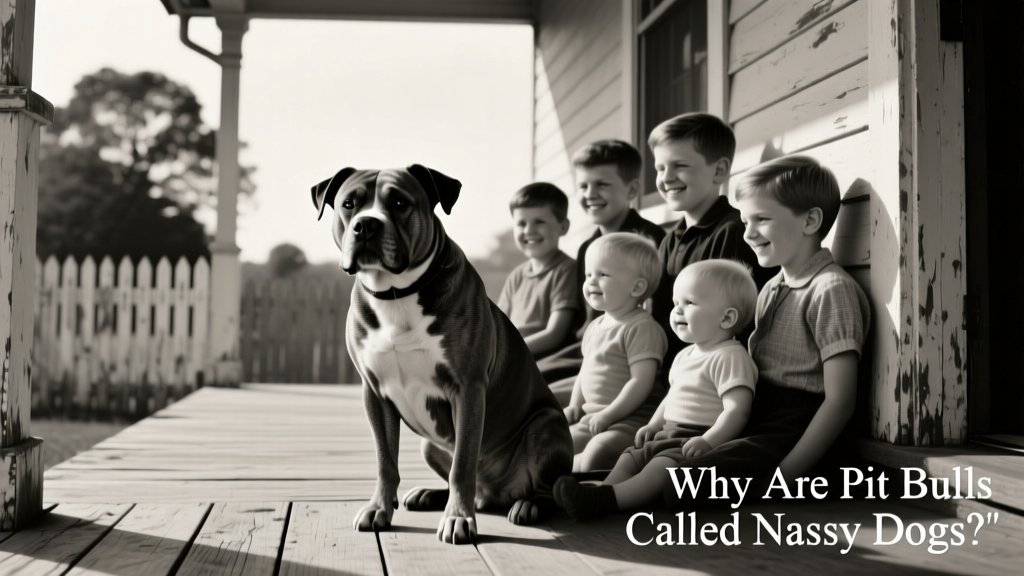 Vintage black-and-white photo of a Pit Bull sitting calmly beside a group of children on a porch, circa 1920s