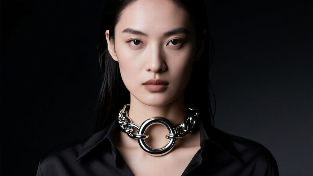 Studio portrait of a model wearing a thick stainless steel O-ring chain collar, dramatic lighting against a dark moody background