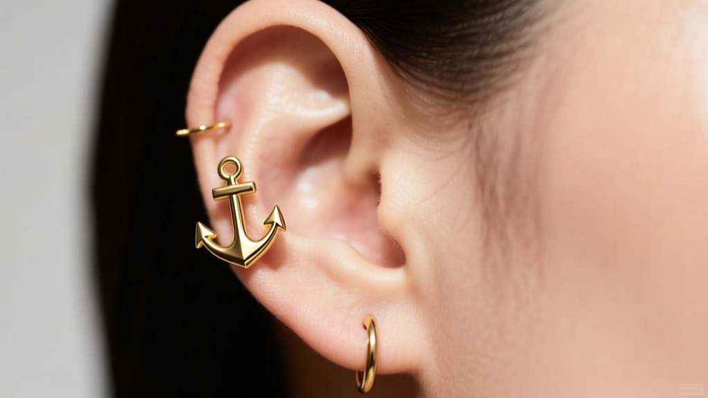 Close-up of an ear showing an 18-gauge gold anchor earring in the helix, paired with a small gold hoop in the standard lobe.