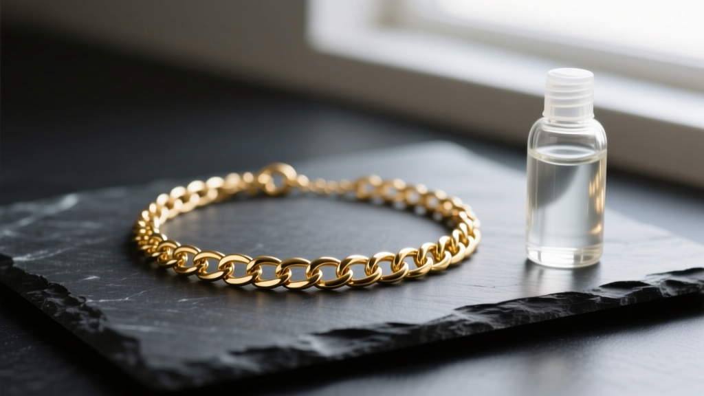 Close-up of a delicate gold-plated chain necklace on dark slate next to a small glass bottle of gentle jewelry cleaning solution.