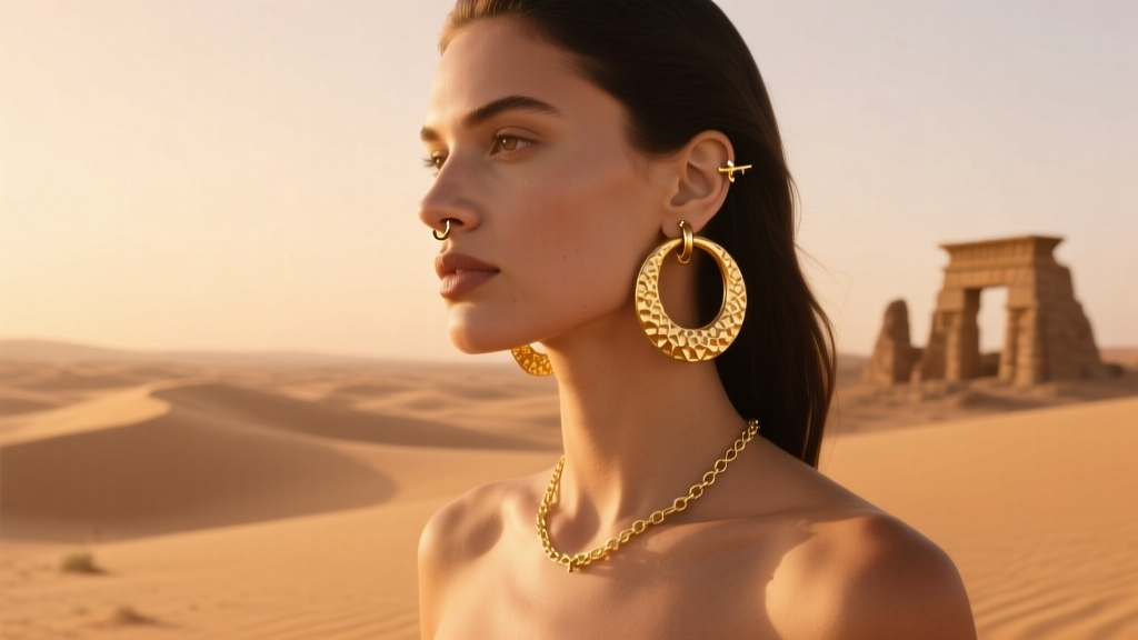 Model wearing hammered 18k gold huggie hoops and a delicate septum-to-ear chain, warm desert sunlight, ancient aesthetic.