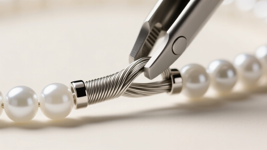 Close-up of 49-strand steel beading wire being crimped through a sterling silver tube clasp on a white bead necklace