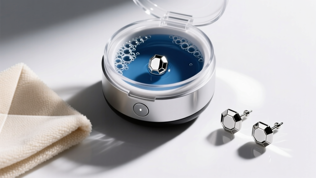 Top-down view of a jewelry care kit with an ultrasonic cleaner, soft cloth, and polished implant-grade titanium stud earrings.