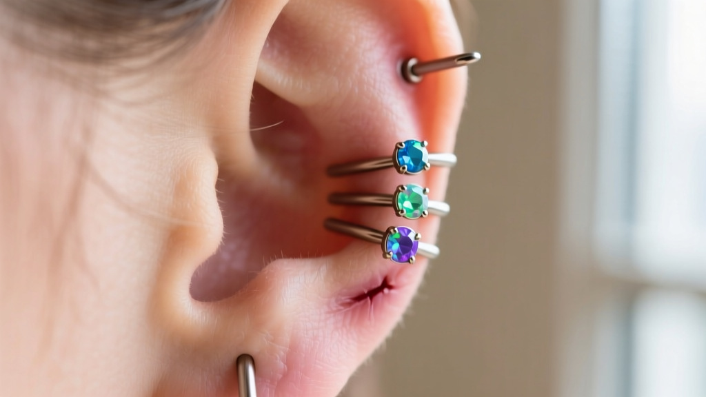 Close-up of a healed forward helix piercing featuring three stacked 16-gauge titanium threadless studs with small opal gemstones