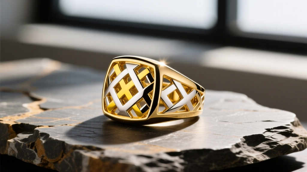Two-tone 14kt gold signet ring with interwoven yellow and white gold geometric patterns on raw slate surface with harsh shadows