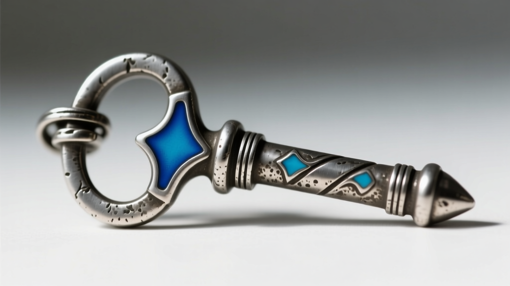 Macro photography of a keyblade pendant hilt showing crisp blue enamel inlay next to textured metal guards, shot with a 100mm lens.