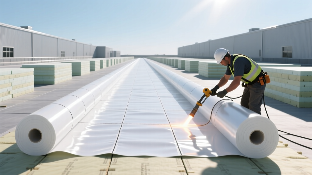 Commercial flat roof showing white TPO membrane rolls being hot-air welded over polyisocyanurate insulation boards on a bright sunny day