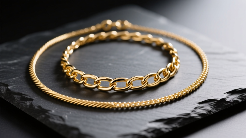 Close-up of three layered gold necklaces of varying chain styles resting on dark slate with soft directional studio lighting.