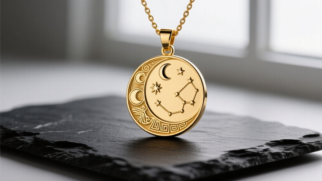 Macro shot of an 18k gold vermeil Artemis moon pendant on dark slate, showing the rich gold finish and crisp celestial engraving.