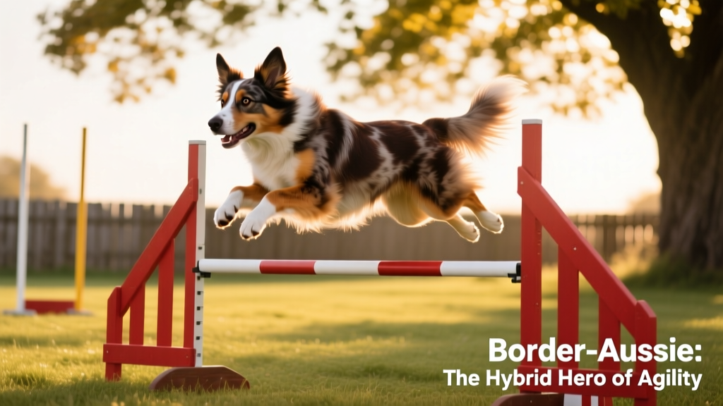 An adult Border-Aussie confidently performing an agility jump, showcasing athleticism and focus