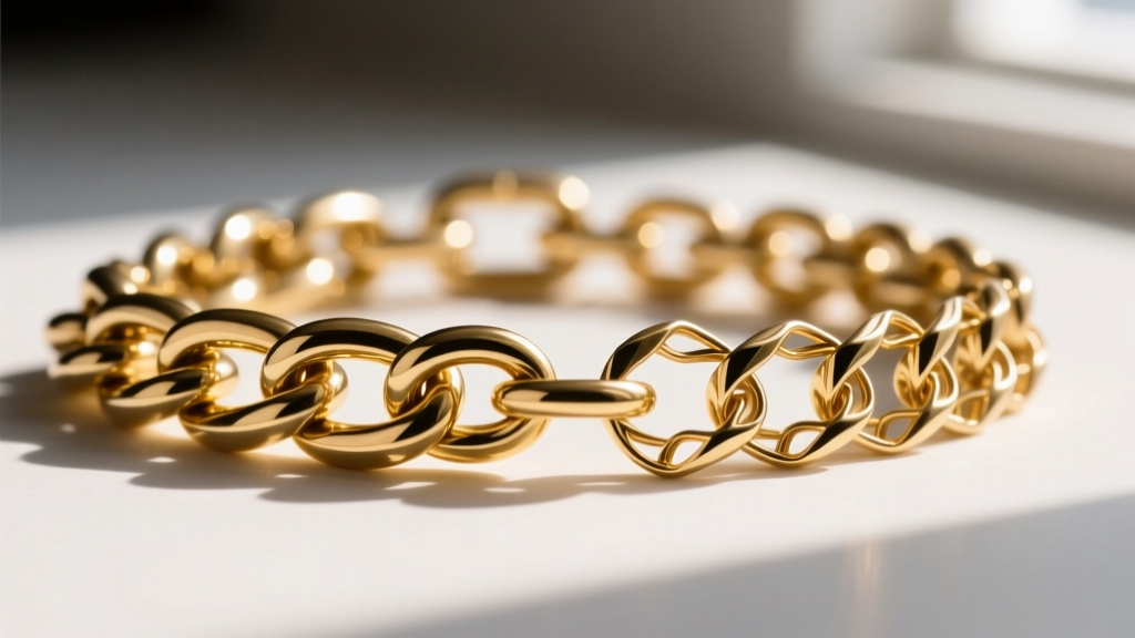 Extreme close-up comparing a solid 10k gold curb chain link with a hollow electroformed link, showing the thin folded metal edges