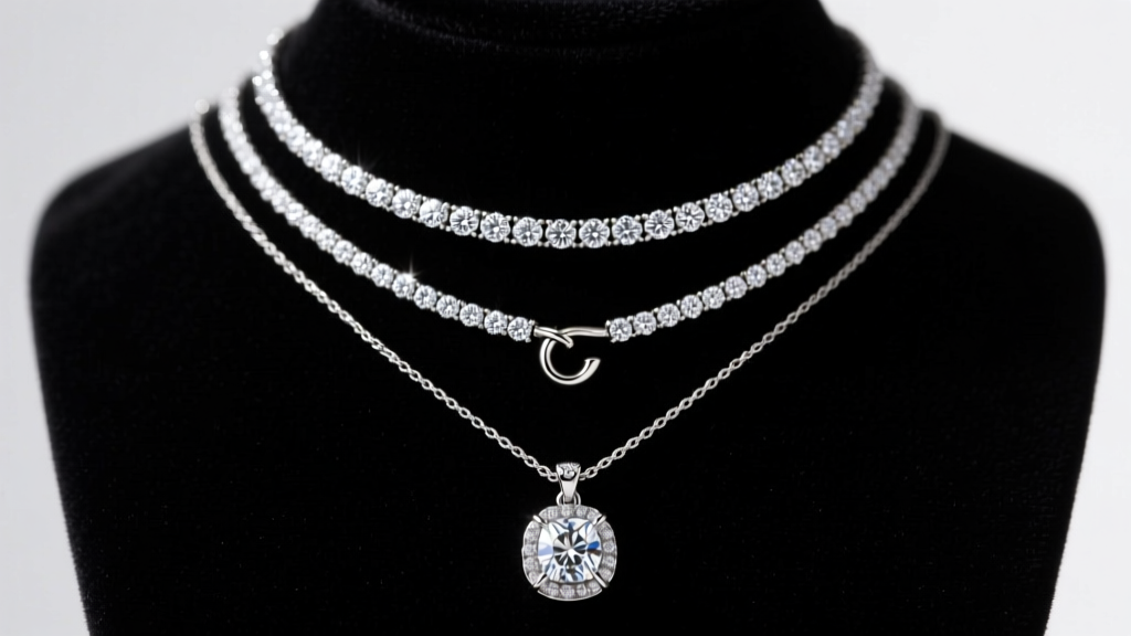Three layered diamond necklaces on dark velvet, featuring a bezel solitaire, tennis chain, and lariat under soft studio lighting