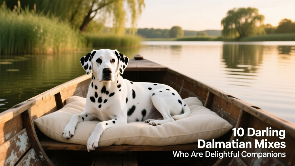 White Labmatian (Lab and Dalmatian mix) laying on a cushion in a boat