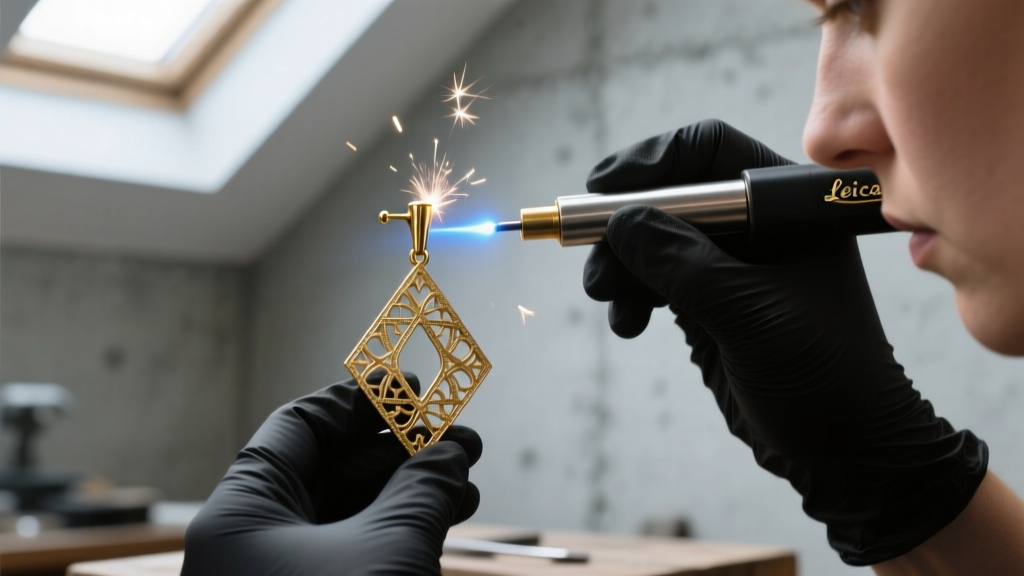Jeweler using a laser welder to carefully attach a modern 20-gauge gold post to the top of a vintage geometric filigree earring
