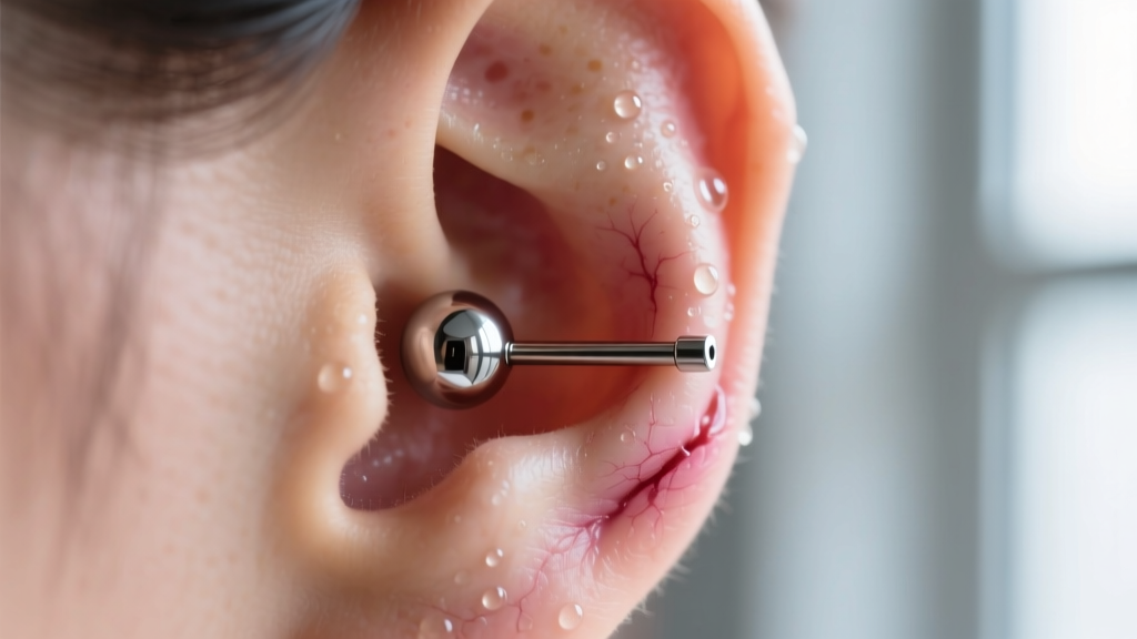 Close-up of a healing earlobe piercing with a mirror-polished titanium labret stud, soft clinical lighting, high-detail macro