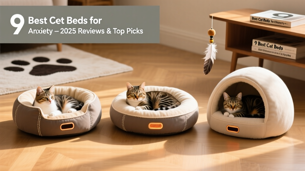 Side-by-side comparison of three different FurPetVo anxiety-relief cat beds: nest, donut, and heated cave styles