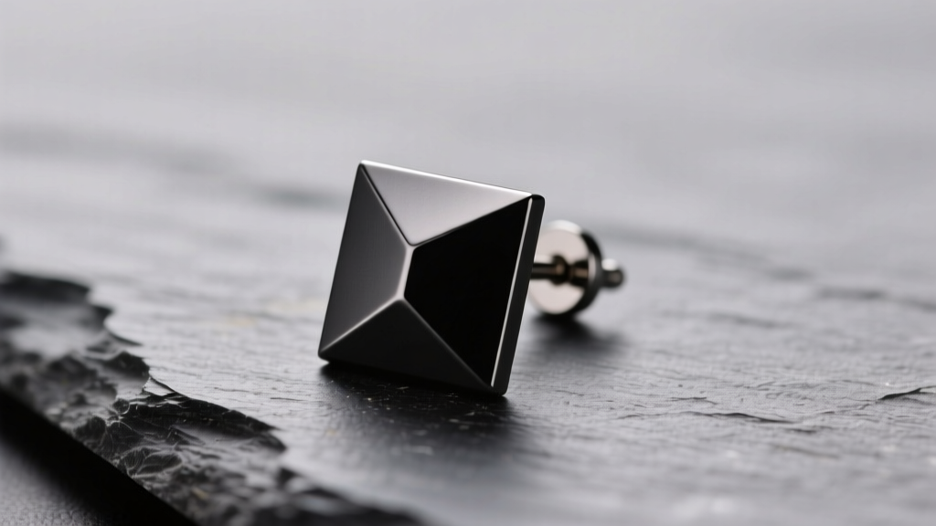 Macro shot of a matte black titanium square stud earring on slate, highlighting sharp geometric edges under soft studio lighting