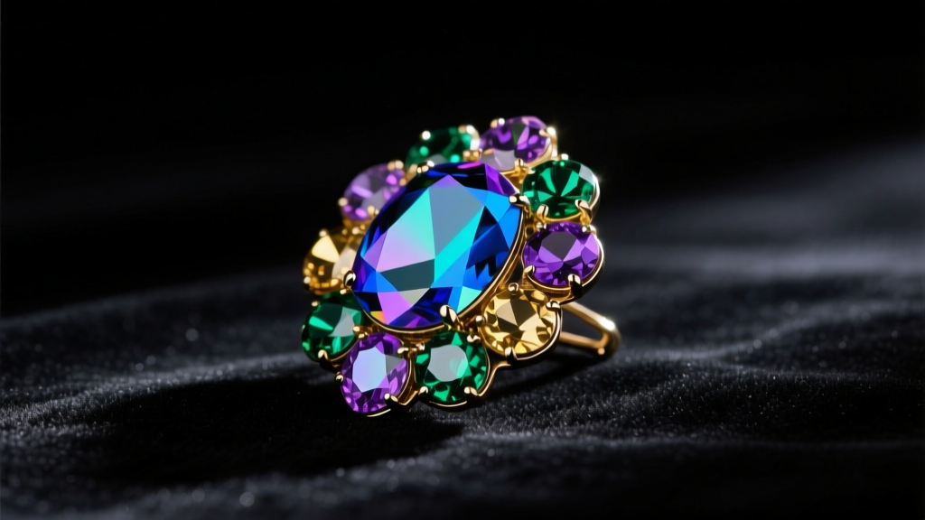 Vintage Trifari aurora borealis rhinestone brooch on dark velvet, soft moody lighting highlighting the foil-backed glass facets