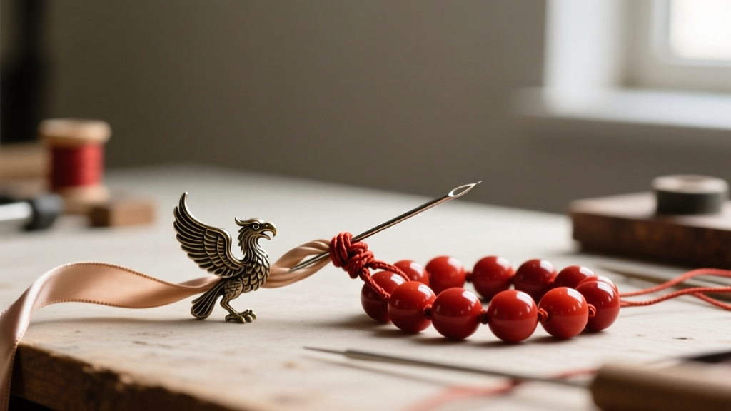 Workbench displaying Griffin silk cord, a needle, and partially knotted vintage red coral beads awaiting careful restringing