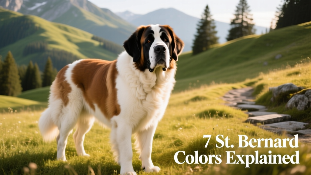Saint Bernard dog outdoors, showcasing classic white-and-brown coat with black mask and ear shading
