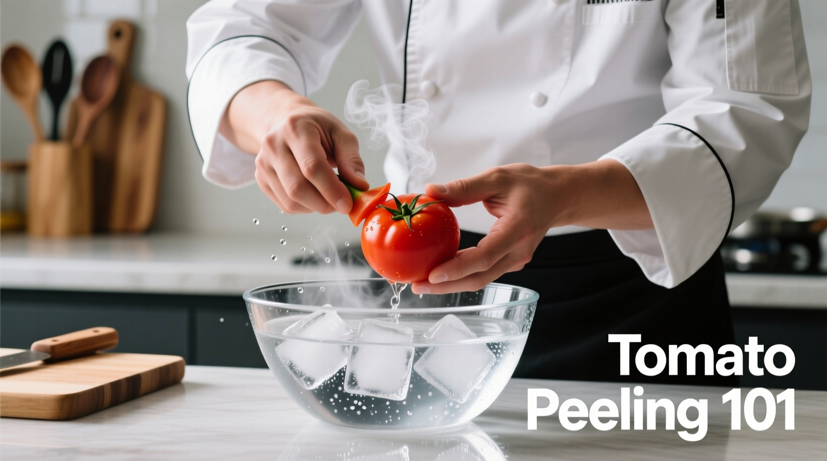 Chef demonstrating tomato peeling technique with ice water bath