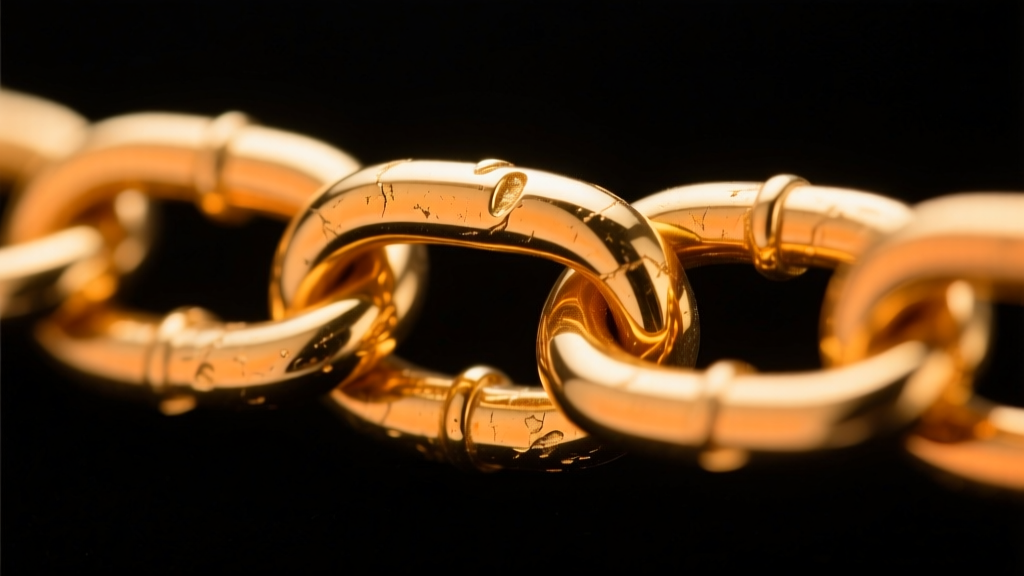 Macro photography of a 22-karat gold chain link showing slight wear and rich orange-yellow hue against a matte black background.