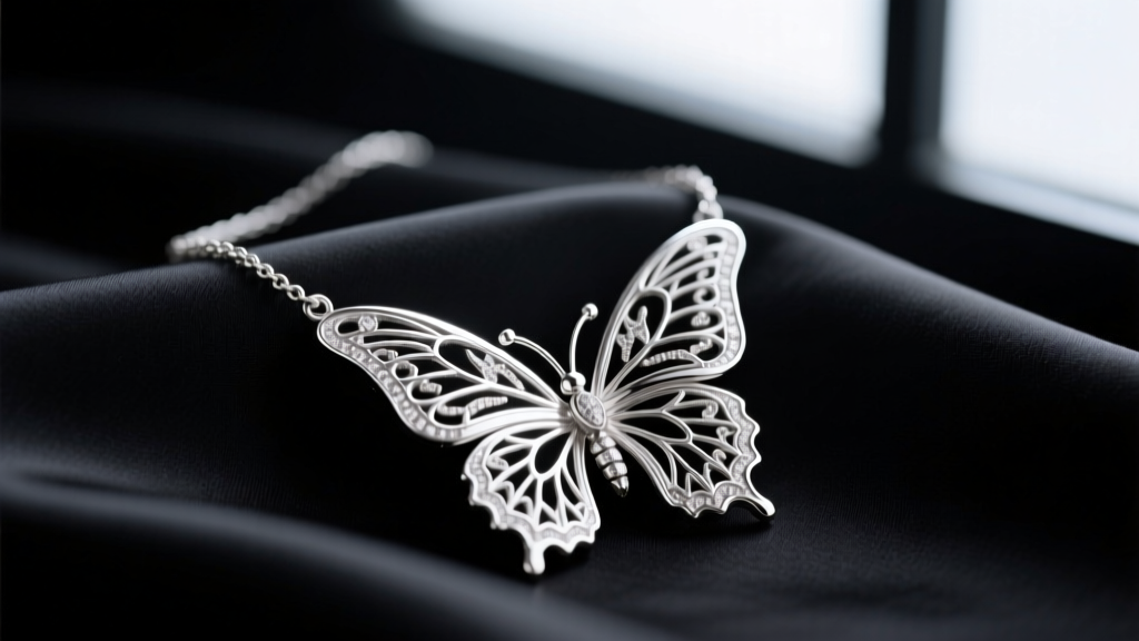 Close-up of a sterling silver butterfly necklace on dark silk, highlighting intricate wing detailing and rhodium finish.