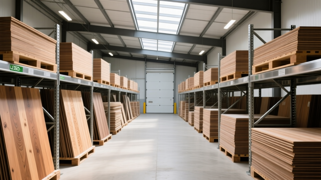 Warehouse of a LEED certified building products wholesaler displaying pallets of low-VOC flooring and sustainable timber materials