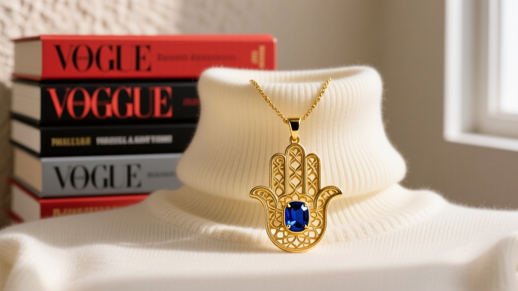 14k gold Hamsa hand pendant with a bezel sapphire, layered over a cream turtleneck sweater beside a stack of thriller novels.