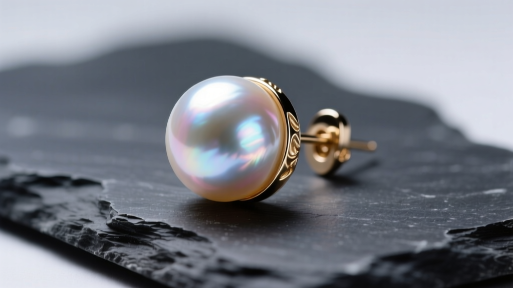 Macro shot of a large baroque freshwater pearl earring on dark slate, highlighting iridescent nacre under soft studio lighting